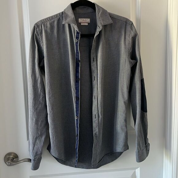 Zara Man Slim Fit Shirt Denim Elbow Patches Button Down - Picture 1 of 10